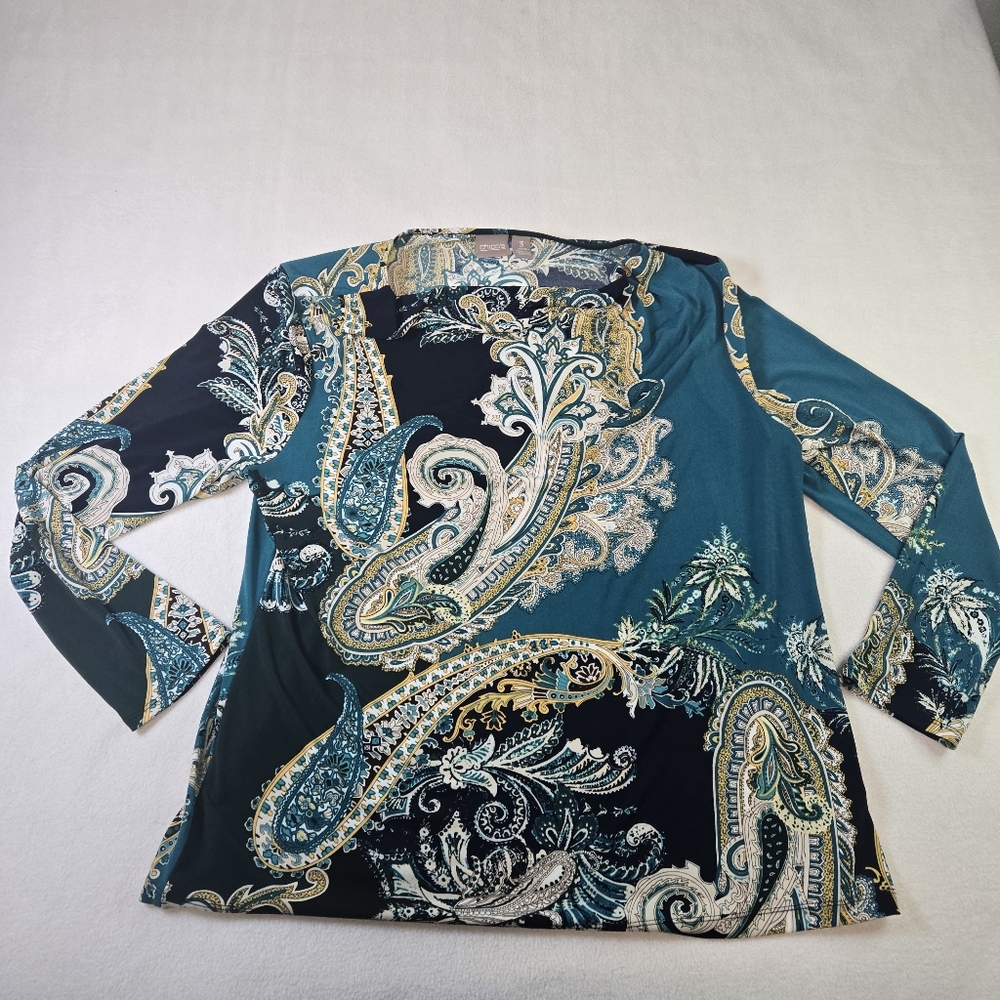 Chicos Top Sz 3 XL Paisley  Blues Three Quarter Sleeve Style Boho Career